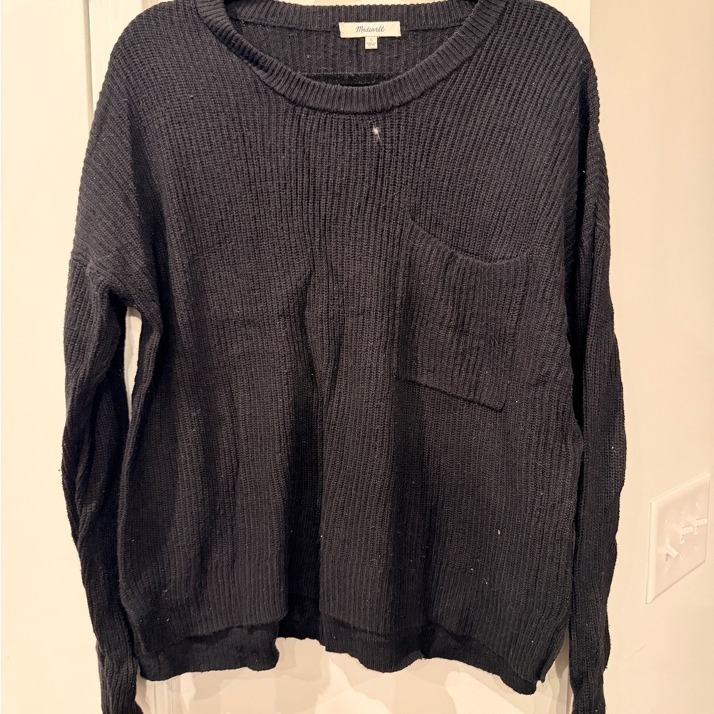 Madewell Black Waffle-Knit Crewneck Sweater with Pocket